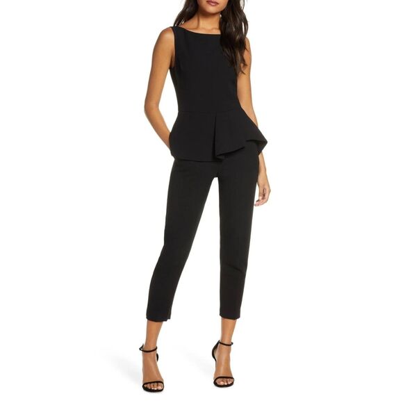 Black Halo Kasia Jumpsuit Womens Size 6 Black Sleeveless Peplum Cropped Pockets